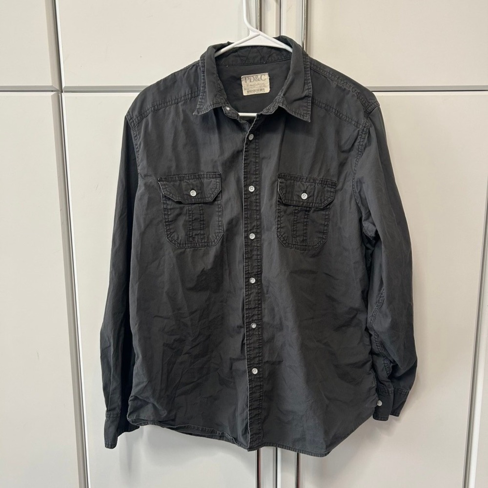 PD&C Mens Utility Button Down Shirt Charcoal Black Roll Tab Sleeve Large